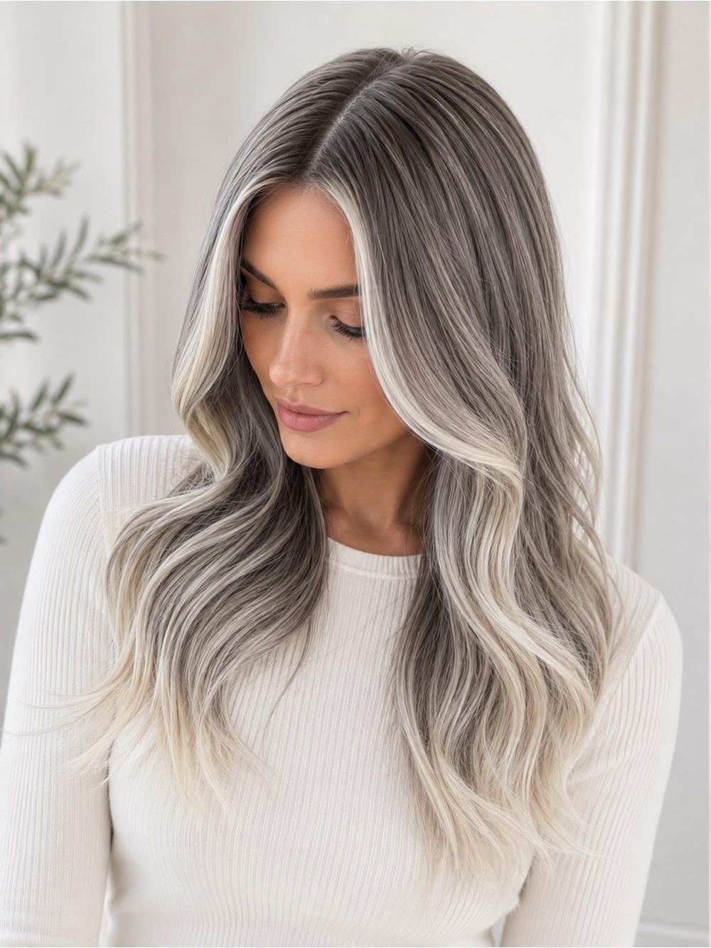 Silver Blonde Balayage Long Wavy Wig - Women Hair